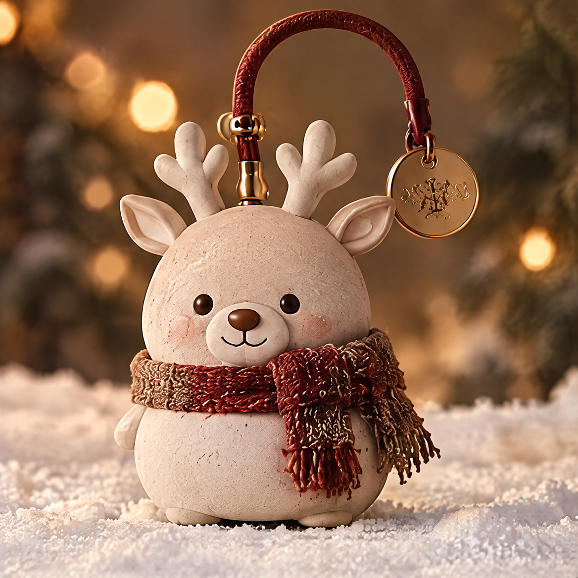 Christmas reindeer ornament close-up showing textured finish, knit scarf, and gold carry handle detail