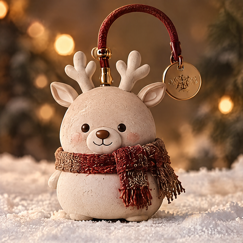 Christmas reindeer ornament close-up showing textured finish, knit scarf, and gold carry handle detail