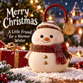 Cute Christmas snowman ornament figurine front view with knit hat, scarf, gold buttons and carry handle — A Little Friend for a Warmer Winter