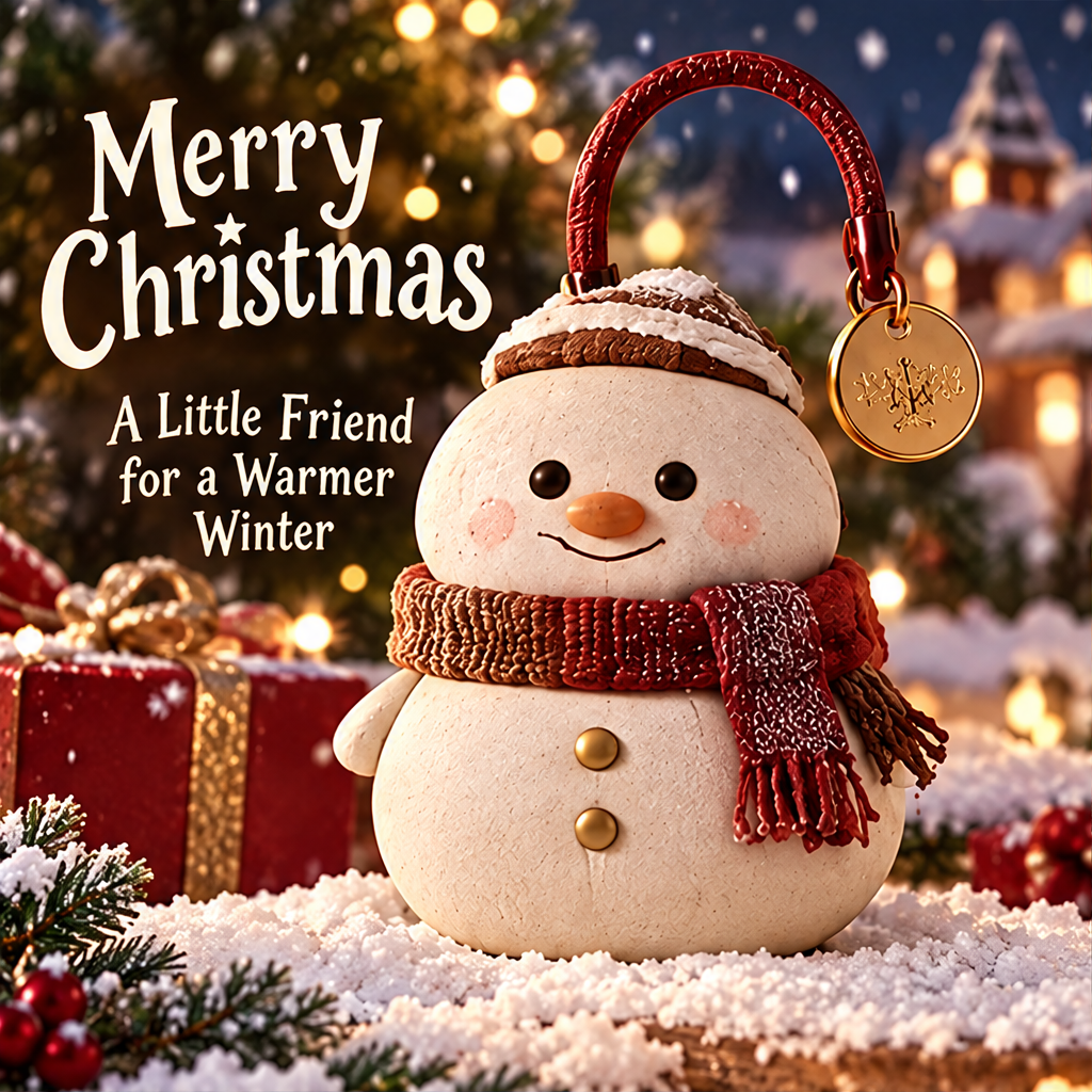 Cute Christmas snowman ornament figurine front view with knit hat, scarf, gold buttons and carry handle — A Little Friend for a Warmer Winter
