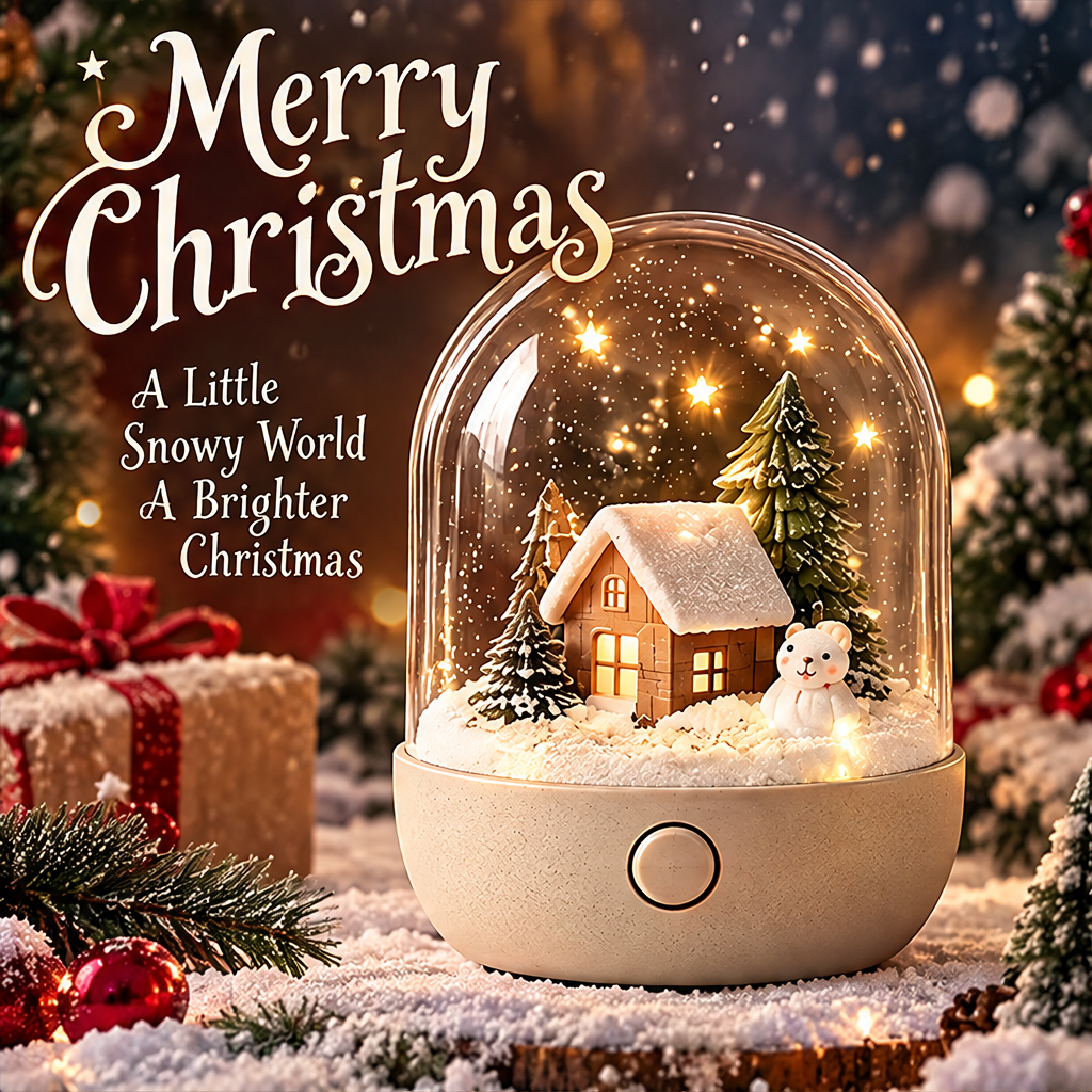 Merry Christmas — Christmas snow globe night light glowing in festive holiday setting, a little snowy world a brighter Christmas