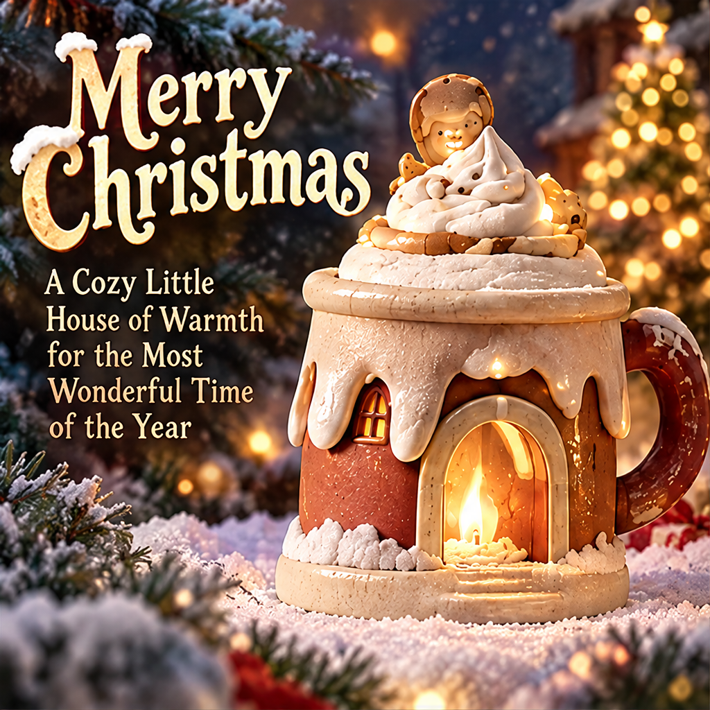 Christmas gingerbread house candle holder clean product shot showing arched doorway, warm glow, and cream-topped lid with gingerbread figure