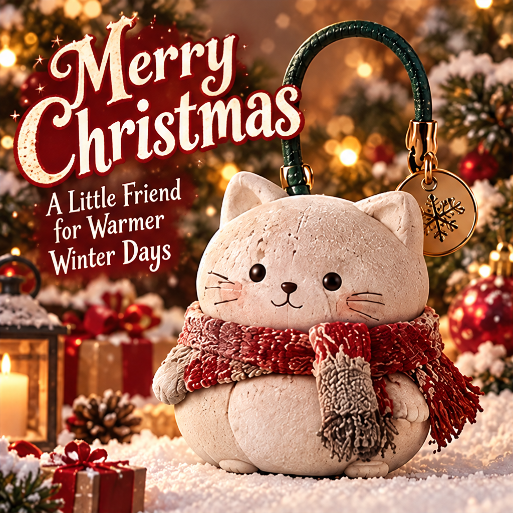 Cute Christmas cat ornament figurine front view with red knit scarf and green carry handle — A Little Friend for Warmer Winter Days