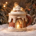 Christmas gingerbread house mug candle holder front view with warm glowing candlelight — Light Up the Holidays, cozy moments brighter Christmas