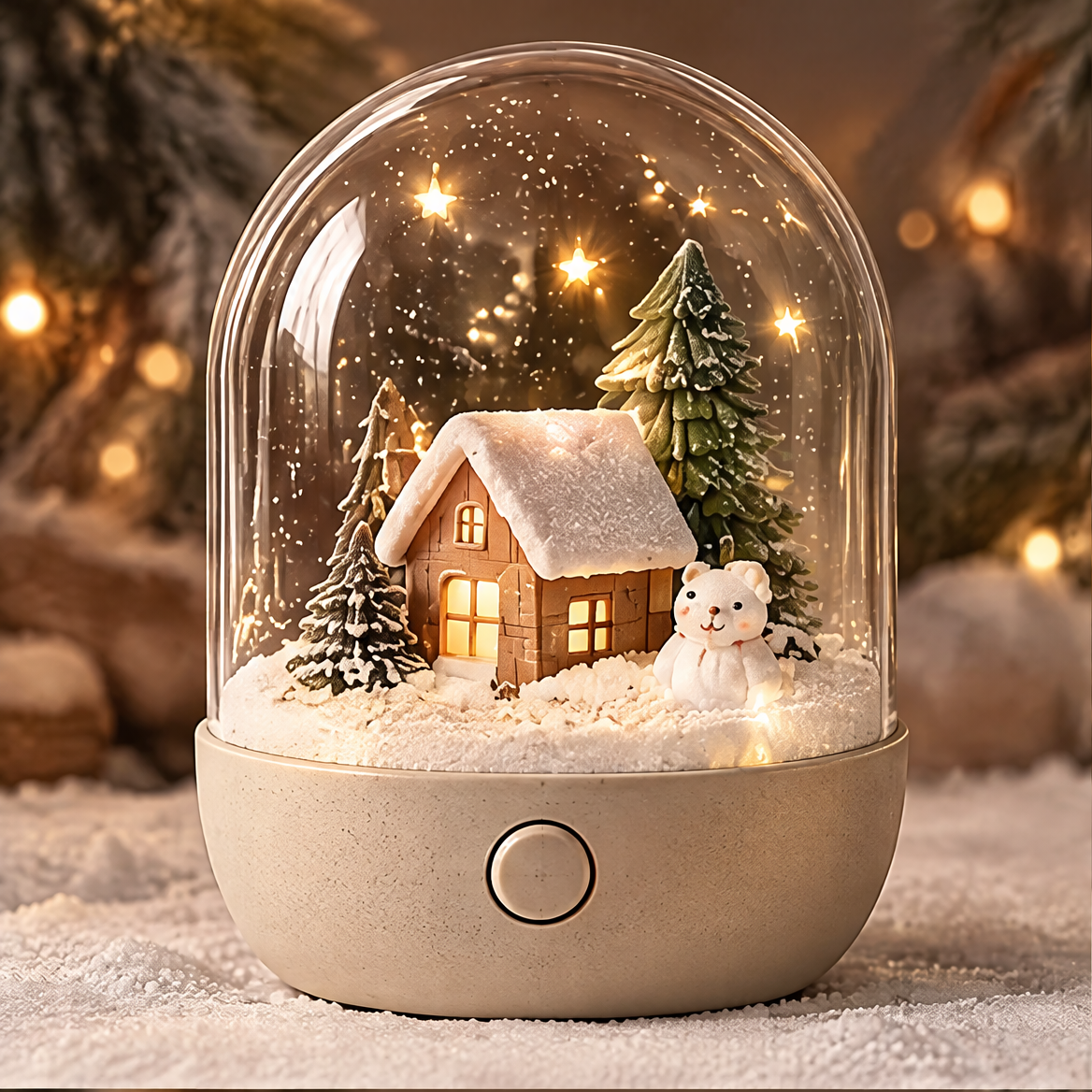 Christmas snow globe night light front view with warm LED glow, glowing cabin, polar bear, and snowy pine trees under glass dome