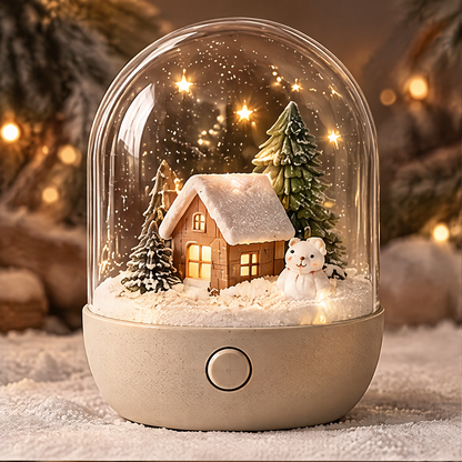 Christmas snow globe night light front view with warm LED glow, glowing cabin, polar bear, and snowy pine trees under glass dome