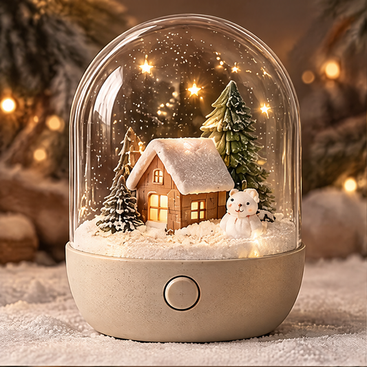 Christmas snow globe night light front view with warm LED glow, glowing cabin, polar bear, and snowy pine trees under glass dome