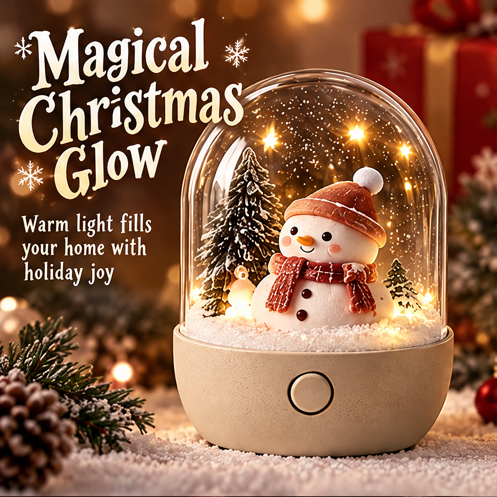 Christmas snowman snow globe night light front view with smiling snowman in red hat and plaid scarf, warm LED glow, and pine trees under glass dome — A Heartwarming Christmas Gift