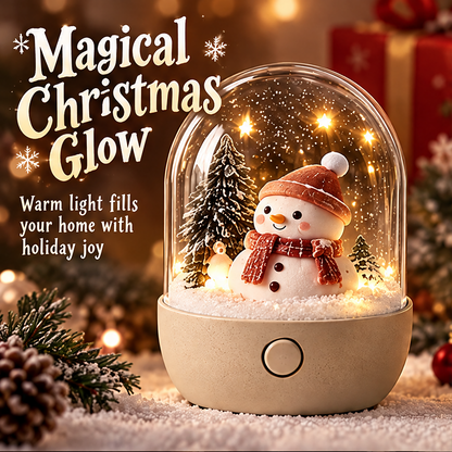 Christmas snowman snow globe night light front view with smiling snowman in red hat and plaid scarf, warm LED glow, and pine trees under glass dome — A Heartwarming Christmas Gift