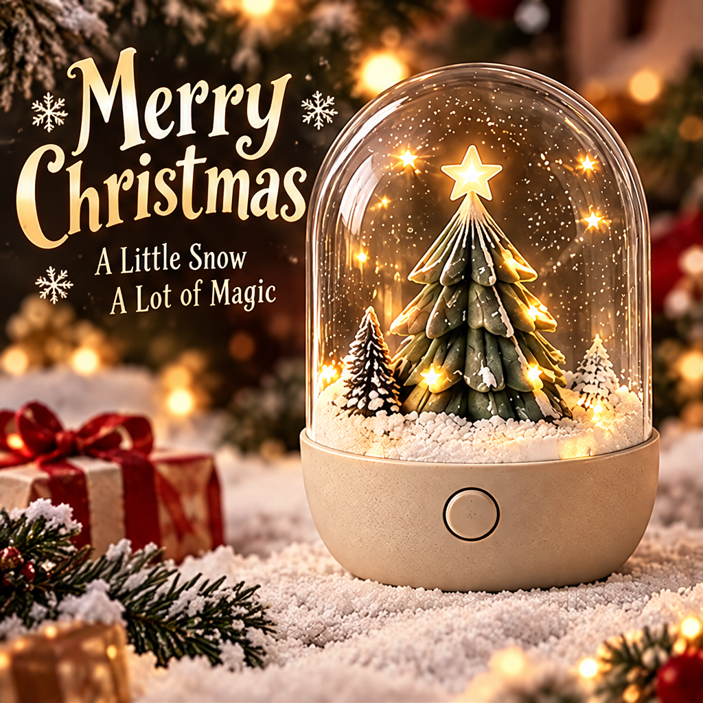 Christmas tree snow globe night light front view with glowing star topper, warm LED fairy lights, and snow-dusted pine trees under glass dome — A Heartwarming Gift