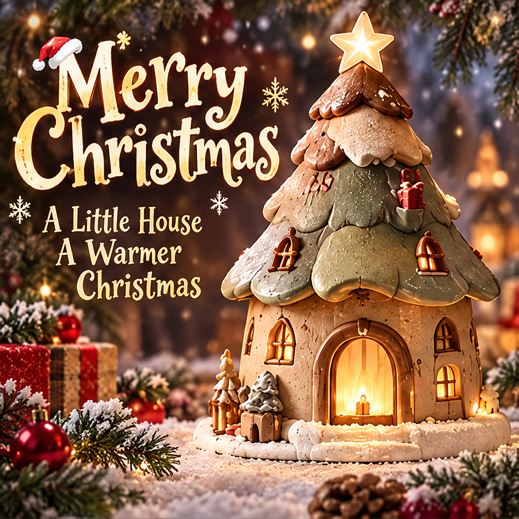 Christmas tree house candle holder front view with warm glowing candlelight — A Little House Full of Christmas Magic, festive cozy holiday decor
