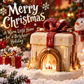 Christmas gift box house candle holder front view with warm glowing candlelight and red bow — A Warm Little Home for a Brighter Holiday