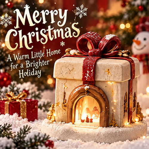 Christmas gift box house candle holder front view with warm glowing candlelight and red bow — A Warm Little Home for a Brighter Holiday
