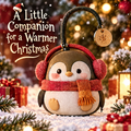 Cute Christmas penguin ornament figurine front view with red ear muffs and carry handle — A Little Companion for a Warmer Christmas