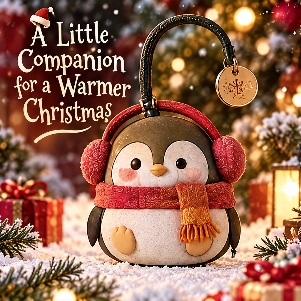 Cute Christmas penguin ornament figurine front view with red ear muffs and carry handle — A Little Companion for a Warmer Christmas