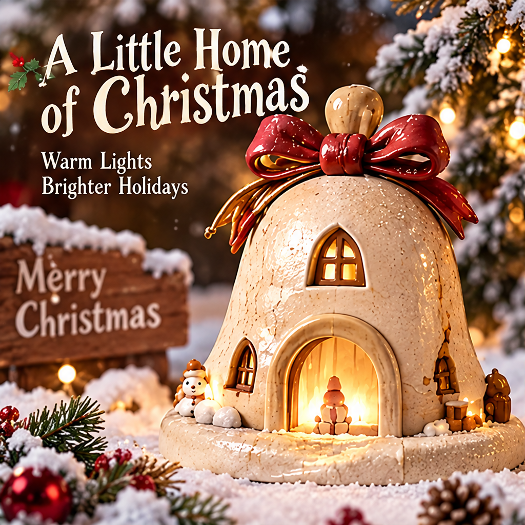 Christmas dome house candle holder front view with warm glowing candlelight, red bow topper, and snowman — A Little Home of Christmas