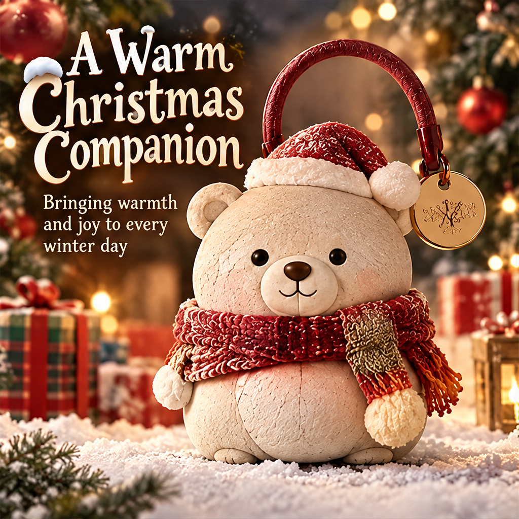 Cute Christmas bear ornament figurine front view with Santa hat, knit scarf, and red carry handle — A Warm Christmas Companion