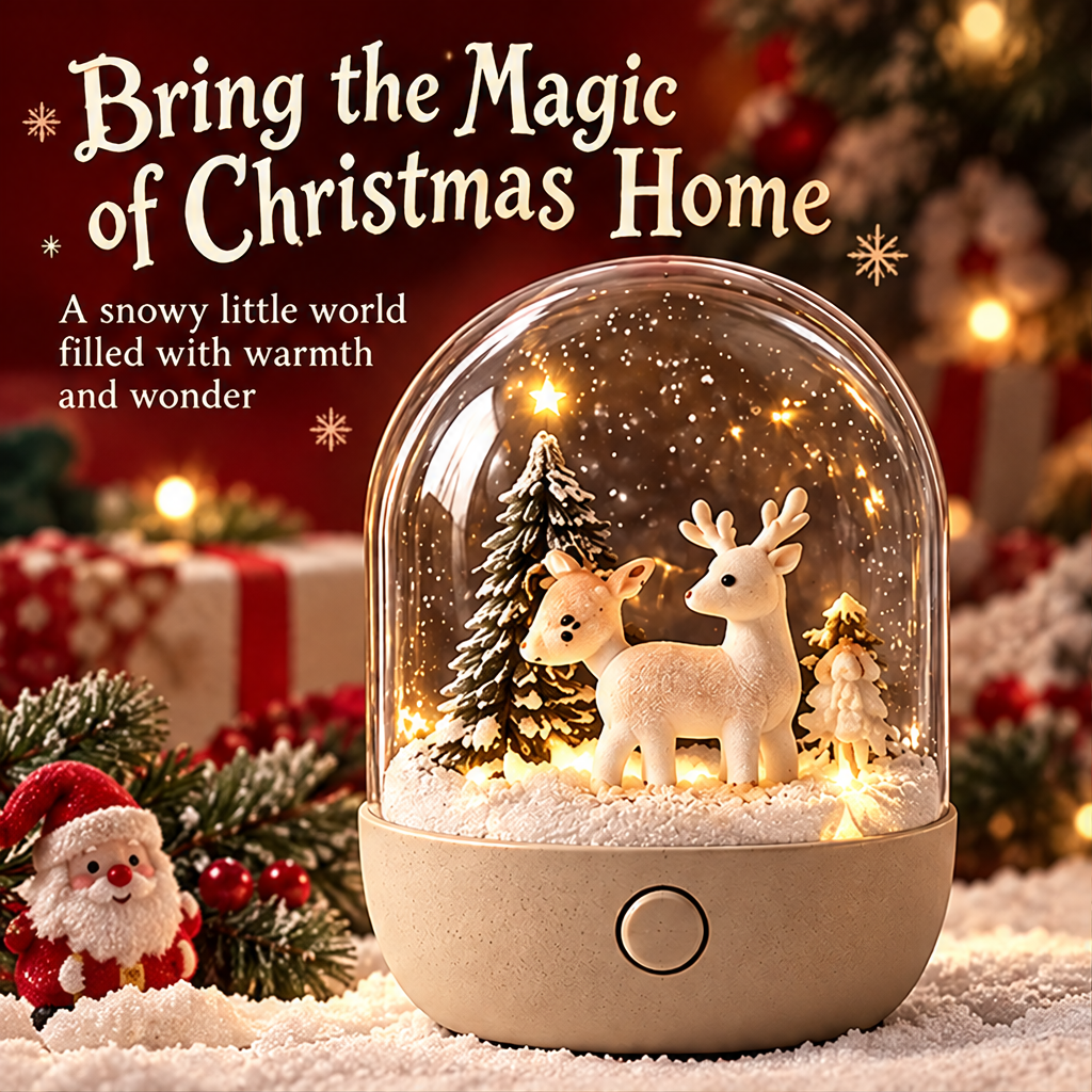 Christmas reindeer duo snow globe night light clean product shot showing two white reindeer, warm LED glow, and snow-dusted pine trees under glass dome