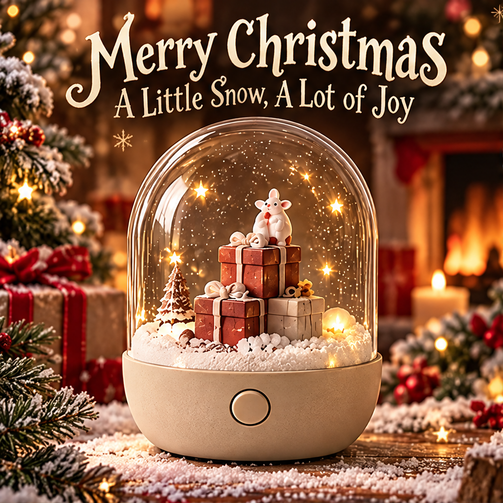 Christmas mouse on gift boxes snow globe night light clean product shot showing white mouse, stacked gift boxes, warm LED glow, and snowy pine tree under glass dome