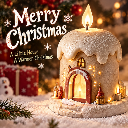 Christmas candle house figurine front view with warm glowing doorway and candle flame on top — A Little House A Warmer Christmas