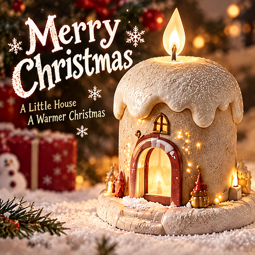 Christmas candle house figurine front view with warm glowing doorway and candle flame on top — A Little House A Warmer Christmas