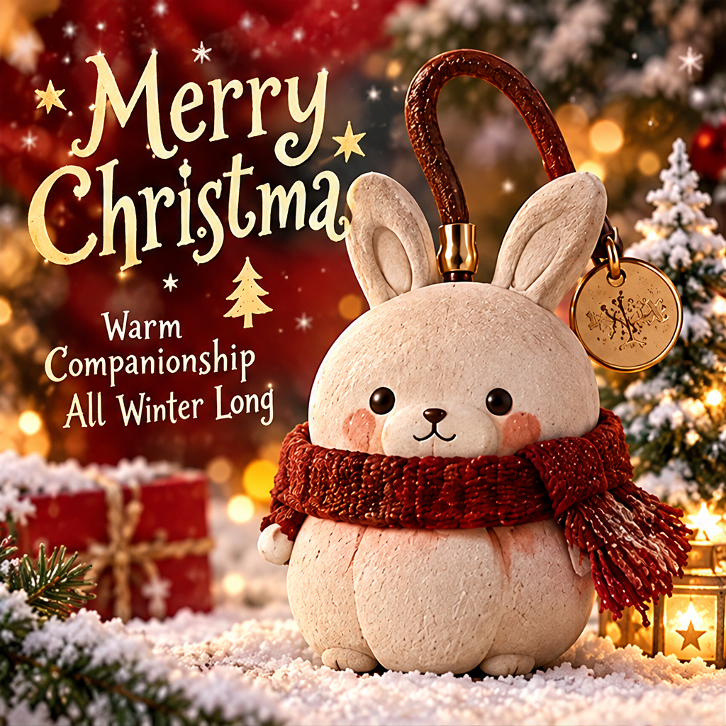 Cute Christmas bunny ornament figurine front view with red knit scarf and carry handle — Warm Companionship All Winter Long