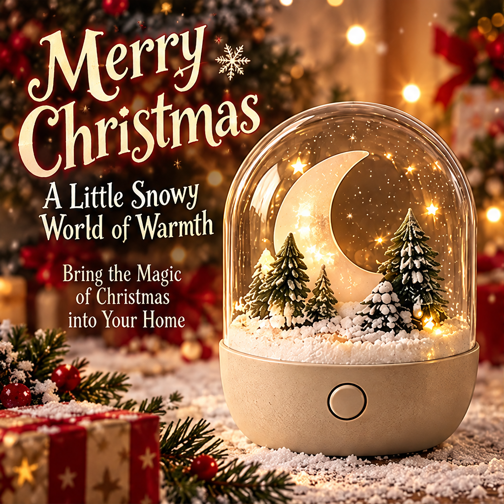 Christmas moon and pine forest snow globe night light clean product shot showing glowing crescent moon, snow-flocked pine trees, and warm LED glow under glass dome