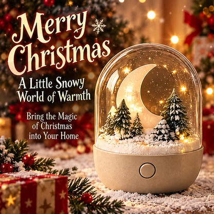 Christmas moon and pine forest snow globe night light clean product shot showing glowing crescent moon, snow-flocked pine trees, and warm LED glow under glass dome