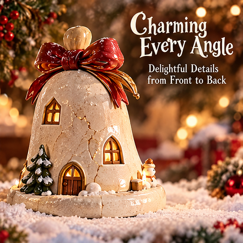 A Little Home of Christmas — Christmas dome house candle holder glowing in festive holiday setting, warm lights brighter holidays
