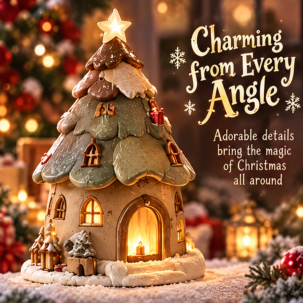 A Warm Light for Cozy Nights — close-up of Christmas tree house doorway with soft glowing candlelight creating a heartwarming holiday atmosphere