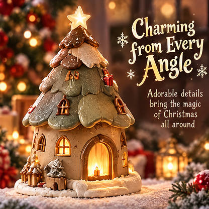 A Warm Light for Cozy Nights — close-up of Christmas tree house doorway with soft glowing candlelight creating a heartwarming holiday atmosphere