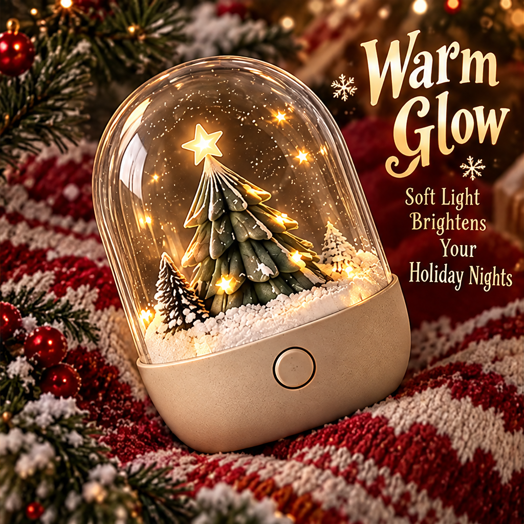 Merry Christmas — Christmas tree snow globe night light glowing in festive holiday setting, a little snow a lot of magic