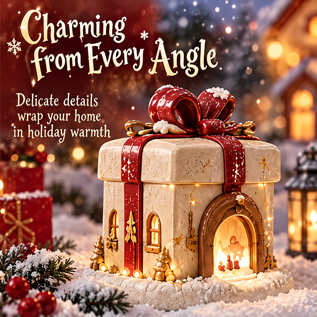 Merry Christmas — Christmas gift box house candle holder glowing in festive holiday setting, a warm little home for a brighter holiday