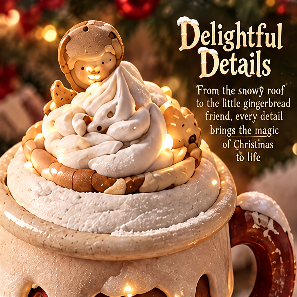 Merry Christmas — gingerbread house mug candle holder glowing in snowy holiday setting, a cozy little house of warmth for the most wonderful time of the year