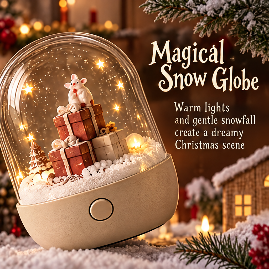 Merry Christmas — Christmas mouse on gift boxes snow globe night light glowing in warm festive setting, a little snow a lot of joy