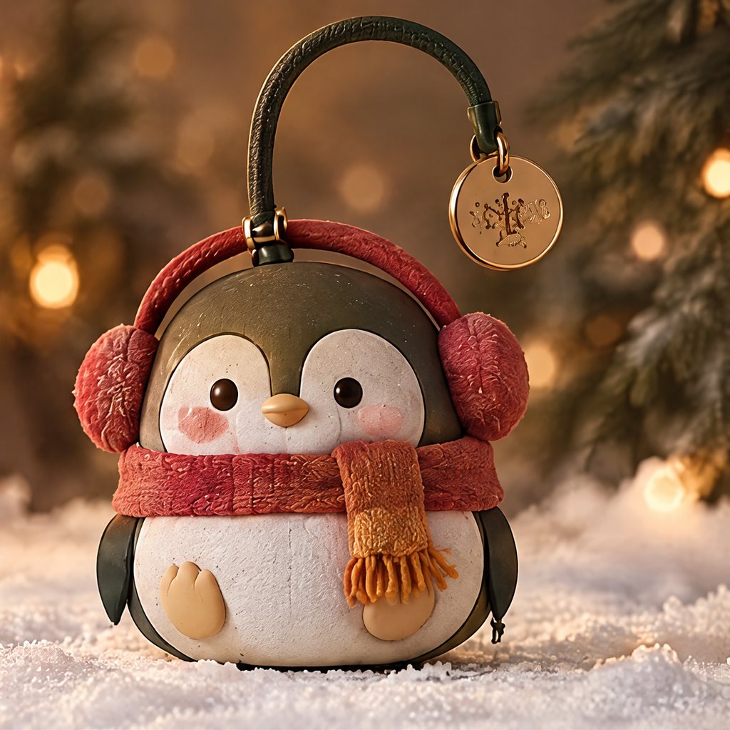 Christmas penguin figurine close-up showing rosy cheeks, knit scarf, and gold snowflake charm tag detail
