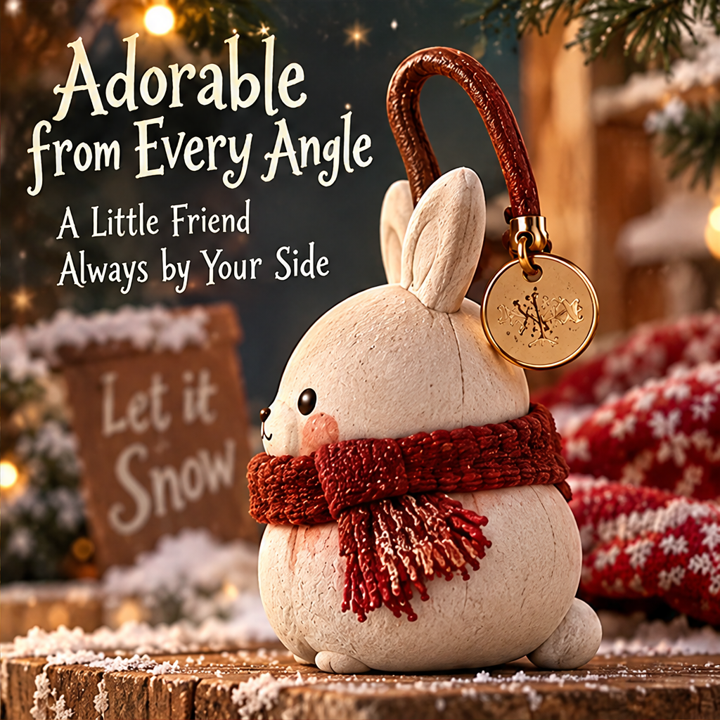 Merry Christmas — Christmas bunny figurine in festive holiday setting with gold snowflake charm tag, Warm Companionship All Winter Long