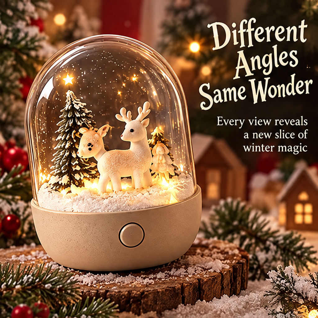 Bring the Magic of Christmas Home — Christmas reindeer duo snow globe night light glowing in festive holiday setting, a snowy little world filled with warmth and wonder