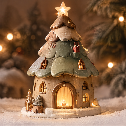 Merry Christmas — Christmas tree house candle holder glowing in festive holiday setting, a little house a warmer Christmas