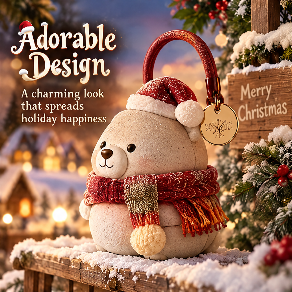 Adorable Christmas bear ornament side view in snowy holiday setting — A charming look that spreads holiday happiness