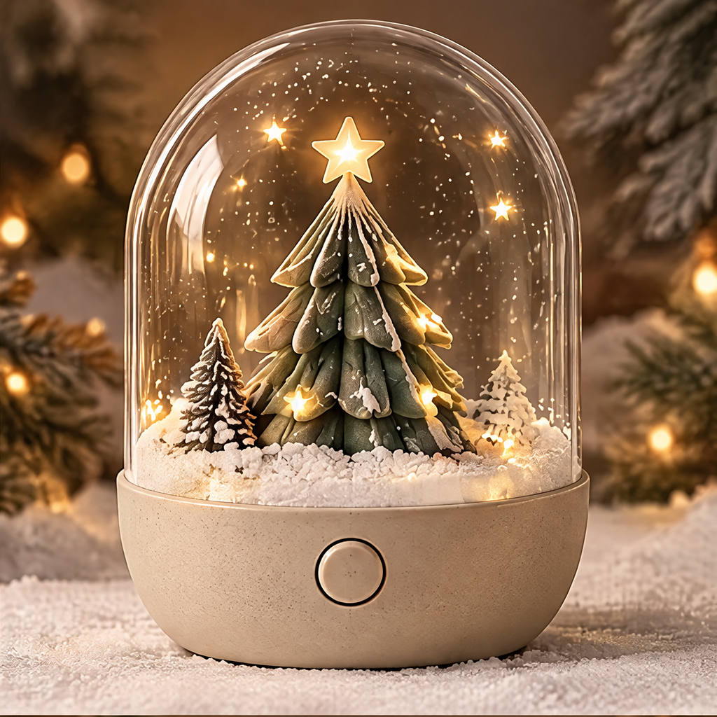 Warm Glow — Christmas tree snow globe night light on cozy holiday background, soft light brightens your holiday nights