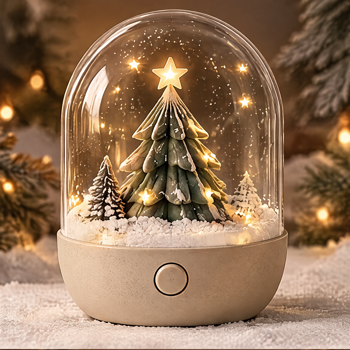 Warm Glow — Christmas tree snow globe night light on cozy holiday background, soft light brightens your holiday nights