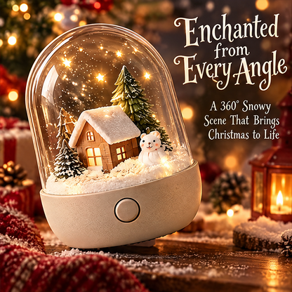 Warm LED Glow — close-up of Christmas snow globe night light showing glowing cabin windows, smiling polar bear, and star-lit dome interior, soft light fills your home with Christmas magic