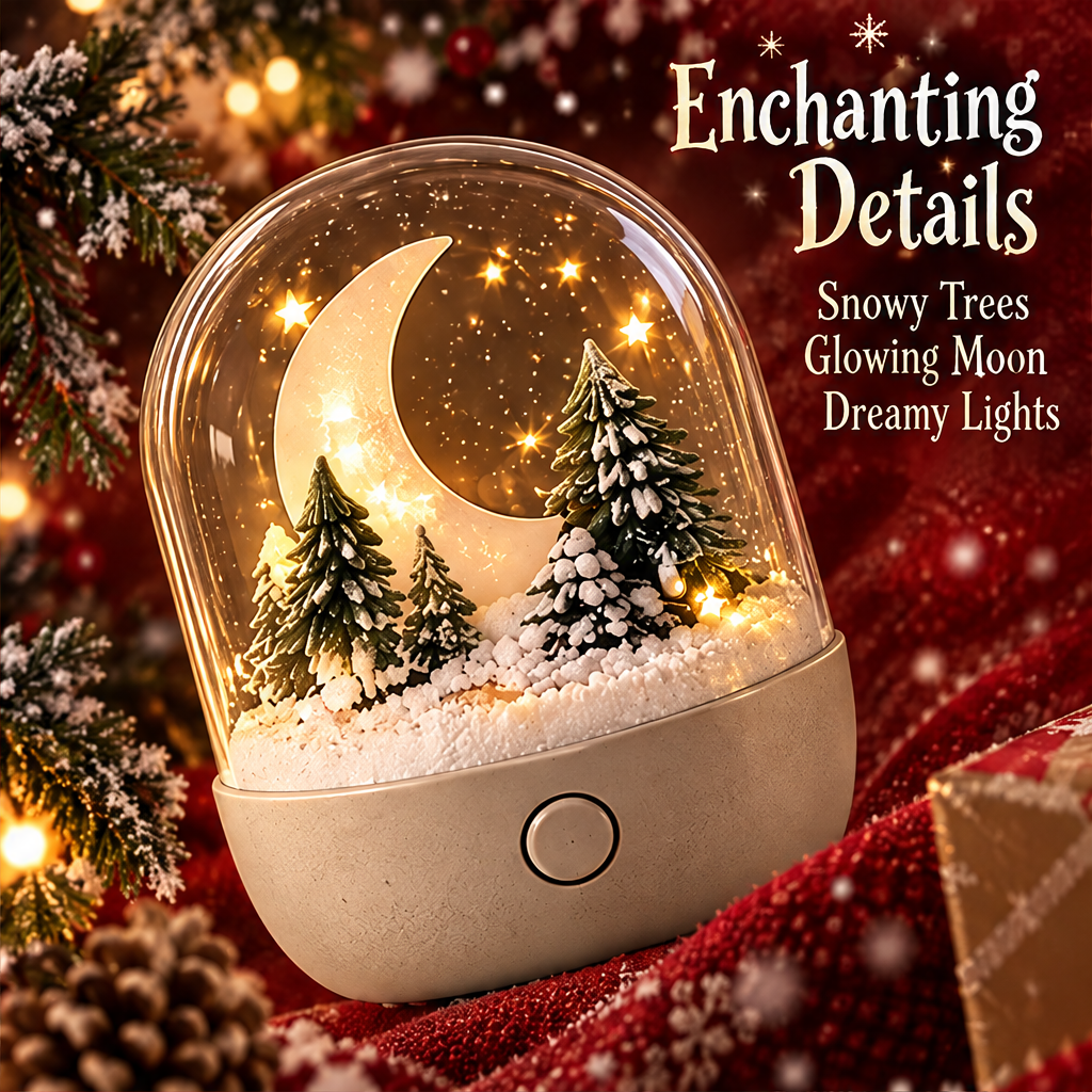 Merry Christmas — Christmas moon and pine forest snow globe night light glowing in festive holiday setting, a little snowy world of warmth, bring the magic of Christmas into your home