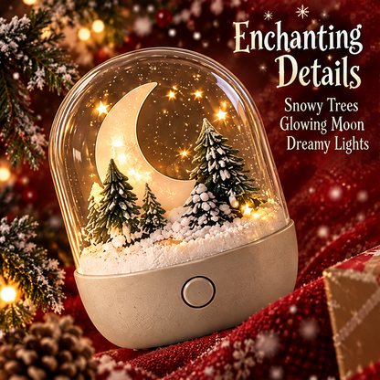 Merry Christmas — Christmas moon and pine forest snow globe night light glowing in festive holiday setting, a little snowy world of warmth, bring the magic of Christmas into your home