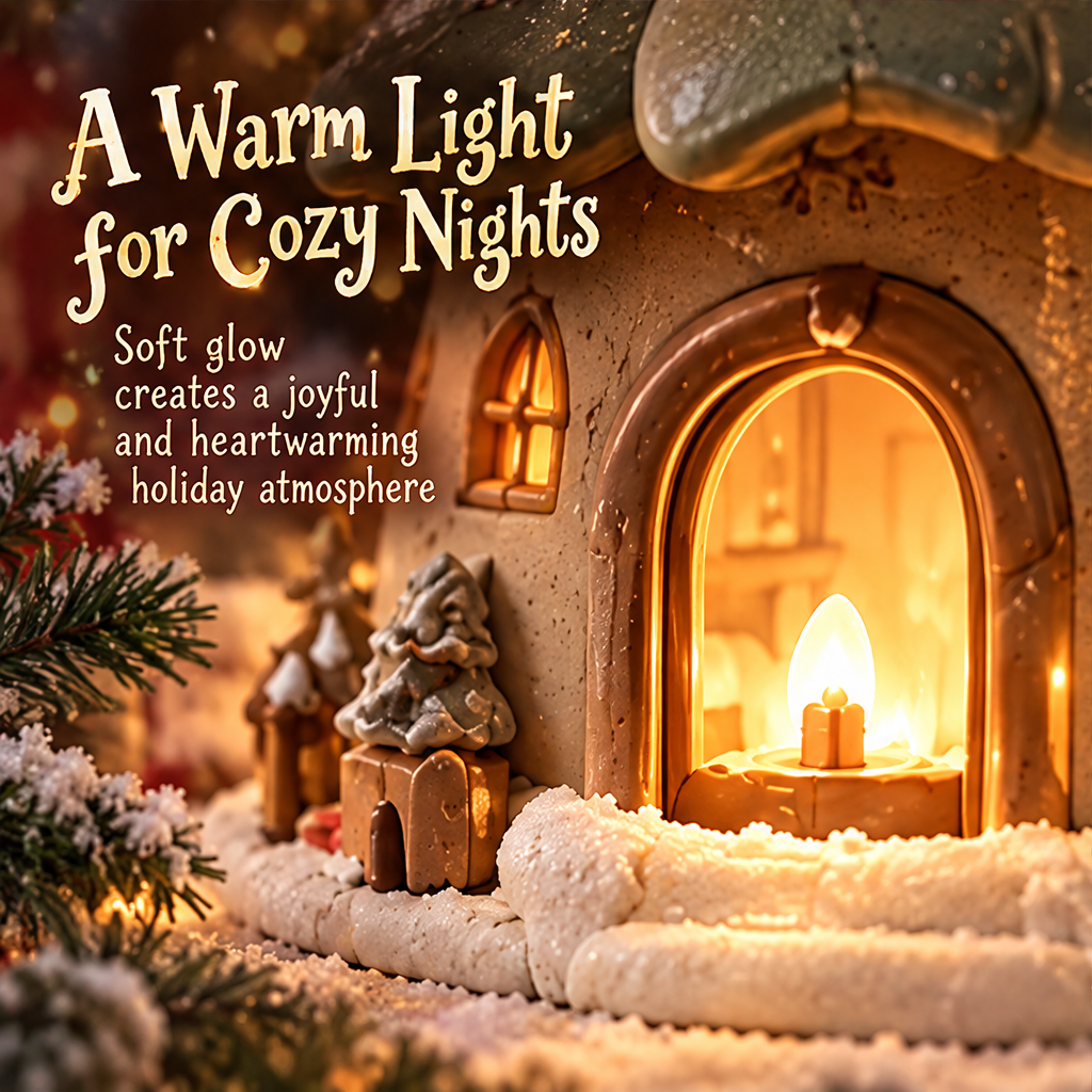 Christmas tree house candle holder clean product shot showing glowing star topper, layered roof, and arched doorway with warm light