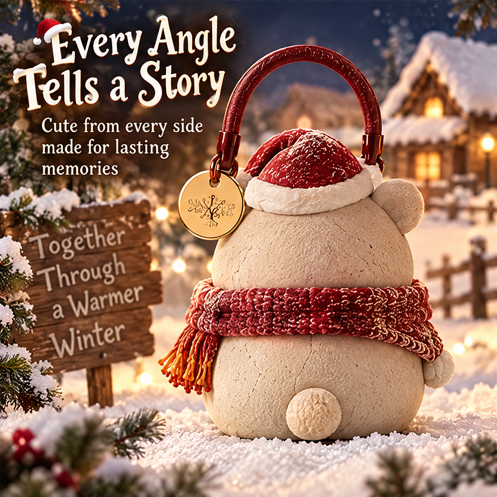 Christmas bear figurine back view with carry handle in winter scene — Every Angle Tells a Story, Together Through a Warmer Winter