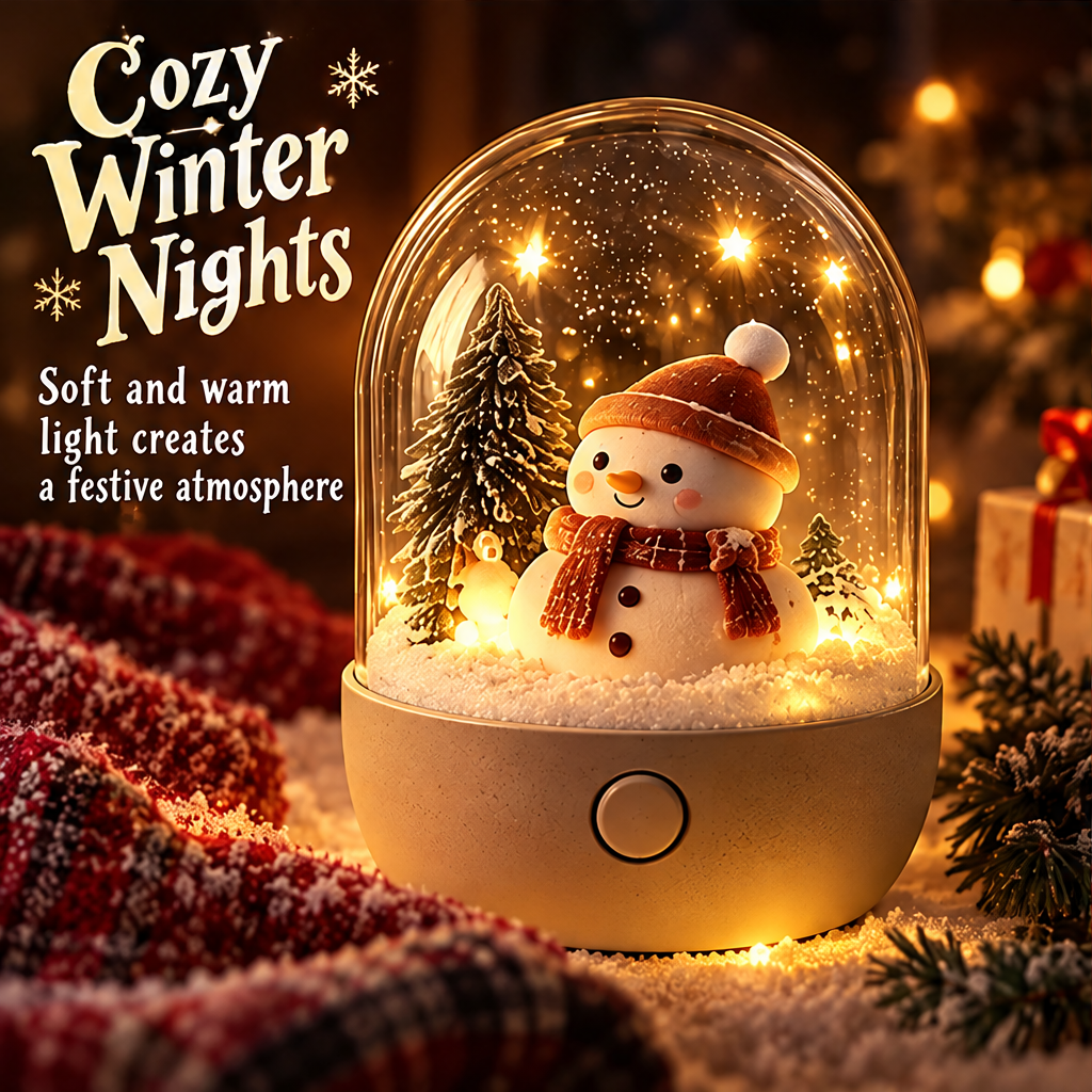 A New Angle of Wonder — Christmas snowman snow globe night light side view showing smiling snowman and pine trees, every view reveals a new little Christmas story