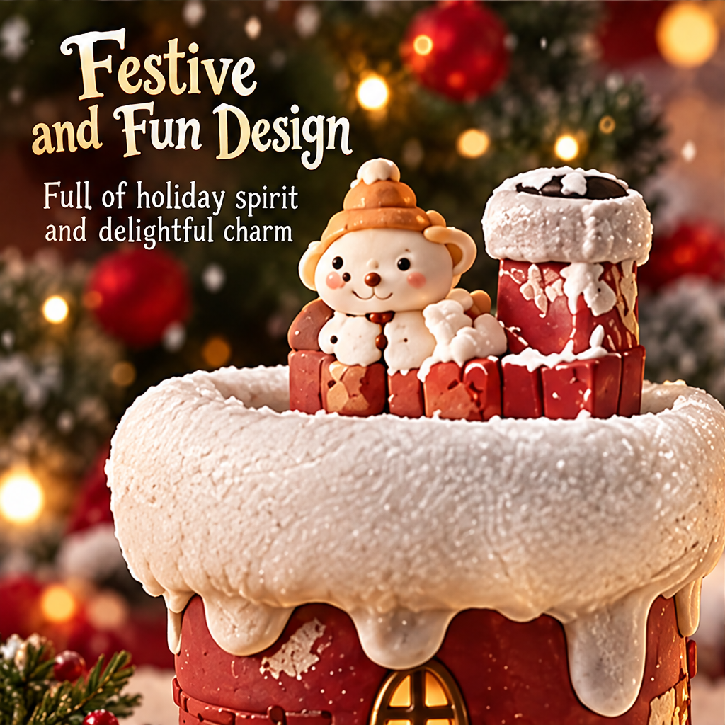 Festive and Fun Design — close-up of Christmas boot house rooftop showing rosy-cheeked snowman, snow-draped rim, and red brick chimney, full of holiday spirit