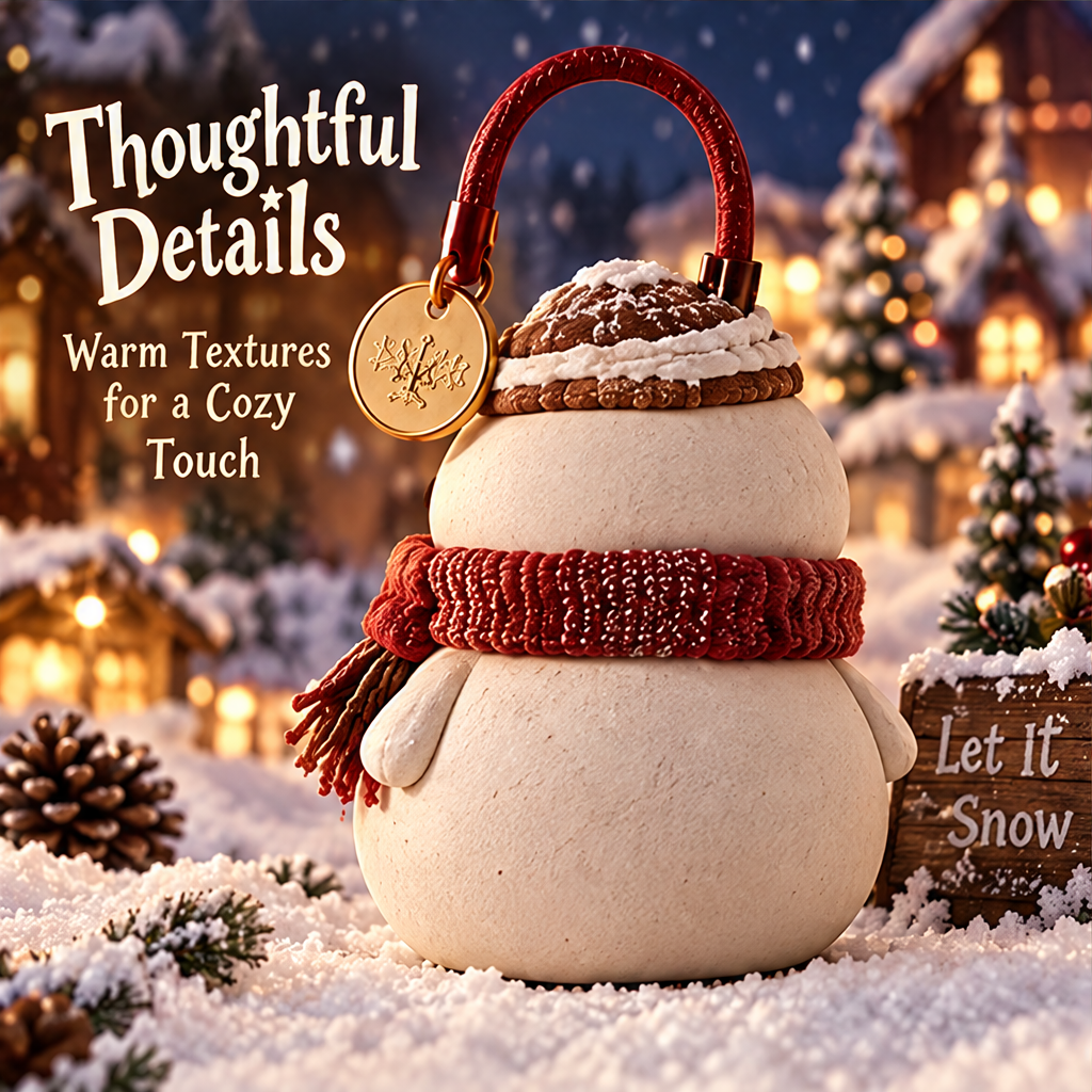 Thoughtful Details — back view of Christmas snowman figurine showing warm textures, knit hat, and gold snowflake charm tag